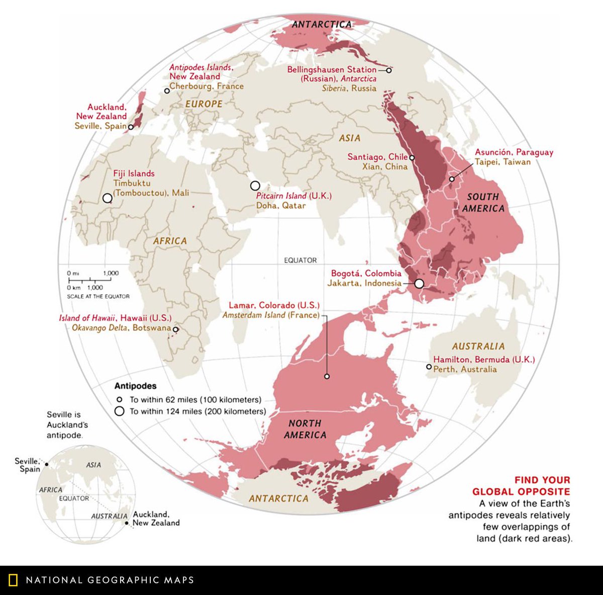 NatGeoMaps's tweet image. Map of the Day: This June 2009 map reveals what's on the opposite side of the globe by overlaying Lambert azimuthal equal-area projections of each hemisphere. The western hemisphere is flipped so that north is at the bottom. #MapOTD