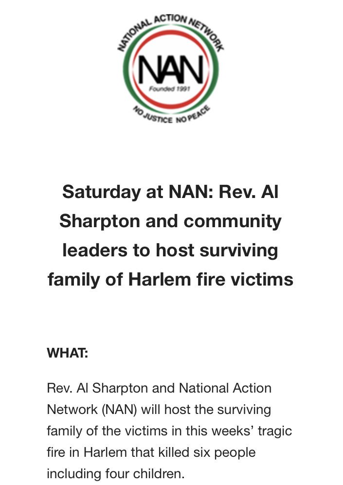 TheRevAl's tweet photo. Rev. Al Sharpton and National Action Network (NAN) will host the surviving family of the victims in this weeks’ tragic fire in Harlem that killed six people including four children. Join us at the #NANSaturdayActionRally to support them. #HarlemFire https://t.co/ZPoyQ5a5nA