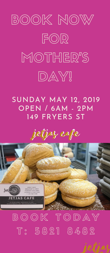 JetjasCafe's tweet image. MUM WANTS A BREAK!!! Give it to her. BOOK NOW for MOTHERS DAY. Yes it's this SUNDAY, 12th May.. Jetjas is open from 6am to 3pm. CALL (03) 5821 8482 #jetjascafe #jetjas #visitshepparton