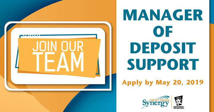 DreverSusan's tweet photo. Join a great team today! At Synergy Credit Union, we are looking for a Manager of Deposit Support Services. Learn more: https://t.co/E51C1E4EXN PS. The opportunity closes on May 20, 2019! https://t.co/GG2MNCNXtf