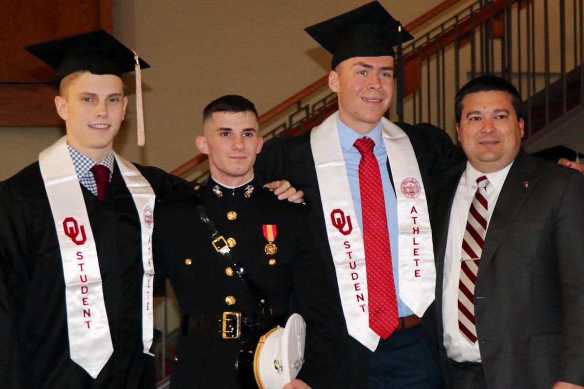 OU_MGymnastics's tweet photo. University of Oklahoma alums Grant Kell, Jake Maloley and Brian Schibler! 

Congrats to these three #Sooners and all the graduates this weekend. ☝️ #OUGrad19🎓 https://t.co/qxYC8NqP7L