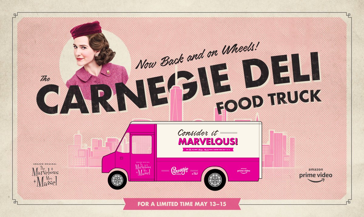 MaiselTV's tweet photo. Put this on your plate, NYC! Follow along here to find out where you can order "The Maisel" now through May 15. #MrsMaisel https://t.co/xl0io9t9lm