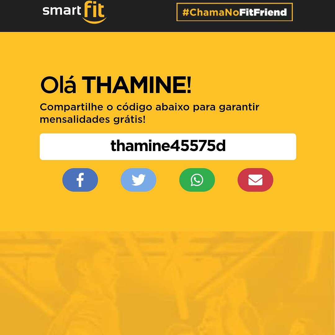Promoção Smart Fit - FIT FRIEND
              Eu tenho um presentão para você! Use meu código: thamine45575d e ganhe adesão zero na Smart Fit! #FitFriendhttps://www.smartfit.com.br/fitfriend/friend?code=thamine45575d