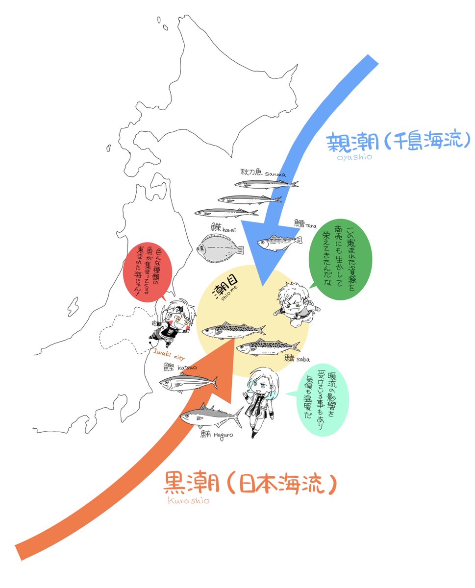 いわき市の海には、実に多くの魚が集まります。
寒流の親潮と、暖流の黒潮がぶつかり合って生まれる「潮目の海」として恩恵を得ています。その恵まれた資源によって、各地域に豊かな食文化が築かれました。
こうして見ただけでも、海はいわき市の大きな魅力の一つじゃないかと思います。

#七浜P