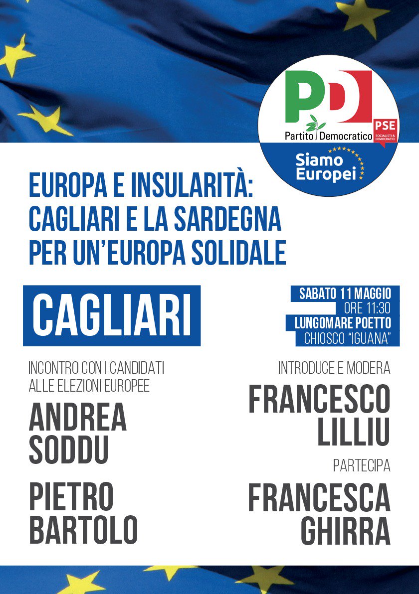 Oggi il nostro candidato alle elezioni europee del 26 maggio Andrea Soddu sarà a Cagliari alle ore 11:30 presso il lungomare Poetto al chiosco Iguana per parlare di Cagliari e Sardegna in un'Europa solidale. Insieme a Pietro Bartolo, Francesco Lilliu e Francesca Ghirra.