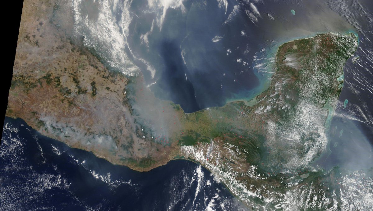 metmex's tweet photo. Así se ve el Golfo de México, Guerrero, Oaxaca y Chiapas con gran cantidad de humo generado por los enormes incendios forestales 🔥. 

El esperado inicio de la temporada de lluvias estará ayudando en gran medida en sofocar gran parte de los incendios. https://t.co/YumHNU3mxw