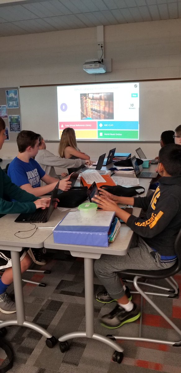 UnamiLibrary's tweet photo. Team Spark kicked off their Historical Person of the Year research with a review of @noodletools , @ABC-CLIO and #galedatabases and wrapped up with a competitive @GetKahoot quiz. Happy Researching, Team Spark! https://t.co/SLs0k8LraV