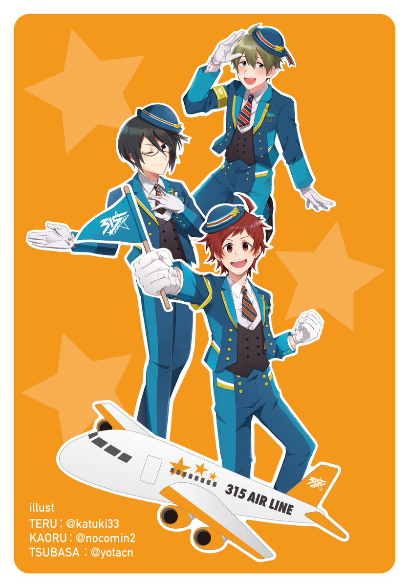 ねるかつき 花左のイラストは315バスツアーの衣装で描きました イベント内ではバスガイドでしたが 今回は飛行機にのってもらっています イラストはそれぞれの担当をかいてます とってもかわいい翼はよたくんにお手伝いいただきました 本当にありがとう
