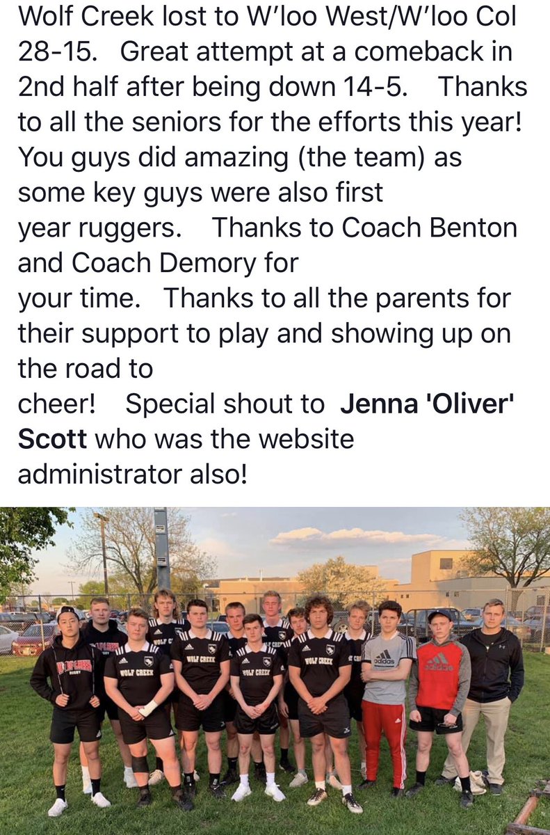 rhinodaddy's tweet photo. Thanks to all our parent and fans! That’s a wrap until next spring. We had some excellent performances by our varsity & JV. Congratulations to Wloo Rugby! #wolfcreek #iyra https://t.co/Gi6ACdiPco
