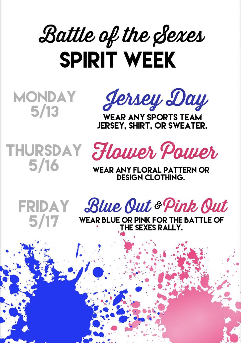 diamondranchasb's tweet photo. Battle of the Sexes Spirt Week is next week! Get ready for jersey day, flower power day, followed by the Battle of the Sexes Rally! https://t.co/6hhYORnCCT
