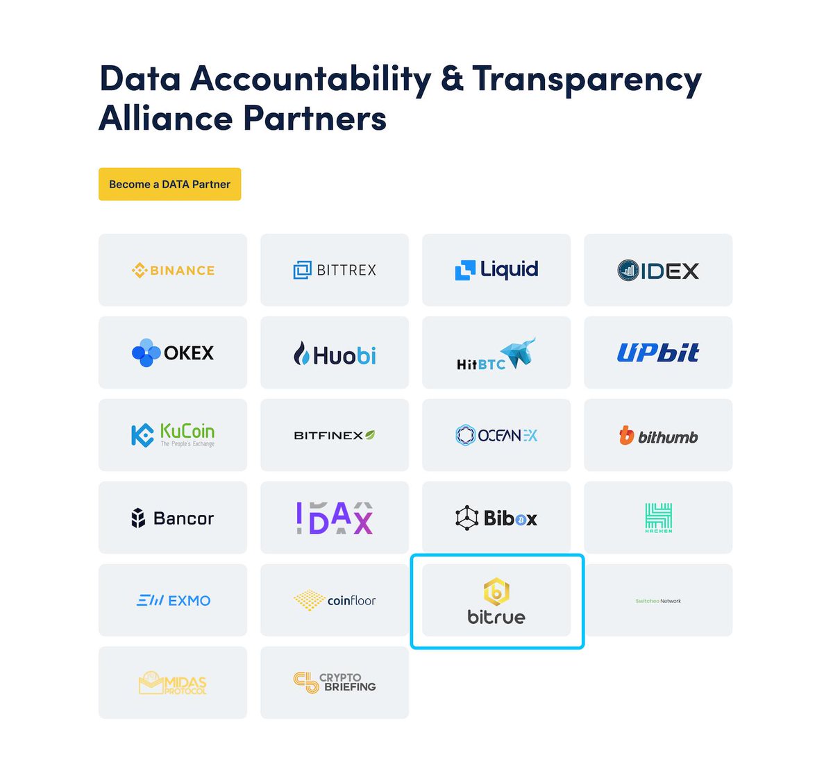 BitrueOfficial's tweet photo. @CoinMarketCap @BithumbOfficial @Bancor @IDAXpro @Bibox365 @Hacken_io @Exmo_Com @Coinfloor @SwitcheoNetwork @MidasProtocol @crypto_briefing @BitrueOfficial in the house! We're proud to be part of the #DATA (Data Accountability &amp; Transparency Alliance) initiative! Thanks @CoinMarketCap for making the effort to promote greater transparency and accountability in this space! https://t.co/jBXjsdH2ZQ