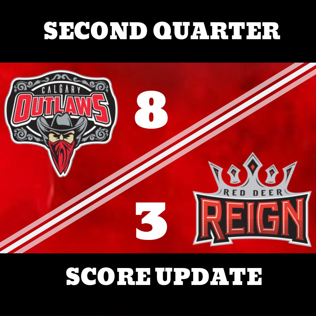 OutlawsCalgary's tweet image. Half time score. The Outlaws lead the Reign 8-3. Quick break as the boys get ready to saddle up for the second half! 🤠🏒 #calgaryoutlaws #rollwithusYYC