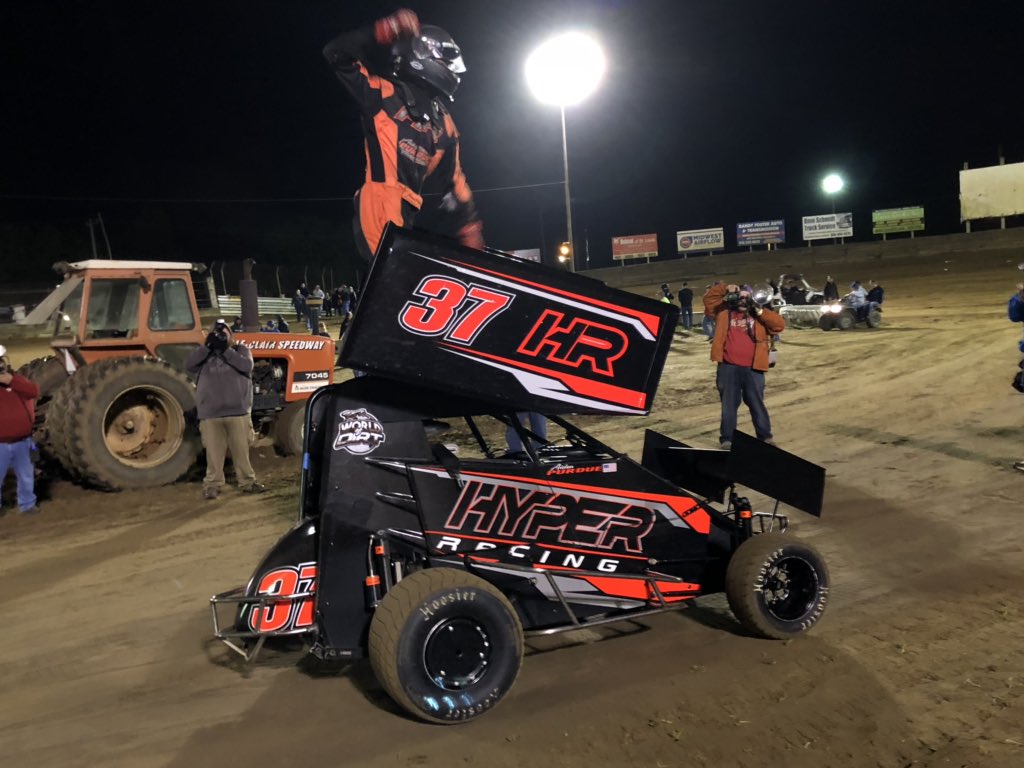 POWRi_Racing's tweet photo. Climbing out of the car for his first-career POWRi Engler Machine &amp; Tool Outlaw Micro victory is Aiden Purdue!

He led all 20 laps aboard the @HyperRacing44 No. 37! https://t.co/BfdAOtIOIb
