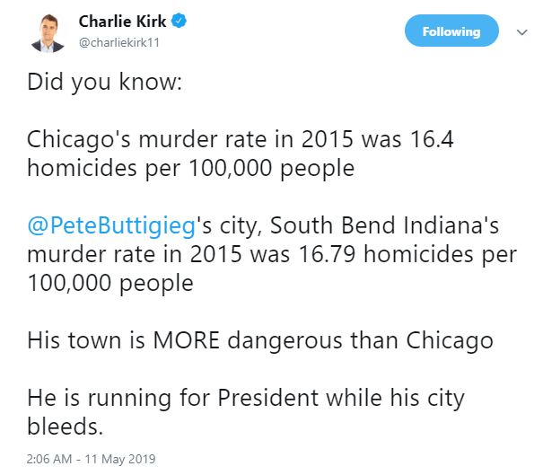 TeamButtigieg's tweet photo. The GOP is so scared of Pete that they make up bizarre #FakeNews at 2:06 AM in the morning. 

In 2010 it was just 5.8 per 100,000 and in 2013, it was 8.9. 

In a small cities, these numbers fluctuate strongly. But hey, just pick the year that fits your story! #PeteForAmerica https://t.co/zr7y4pjD9G
