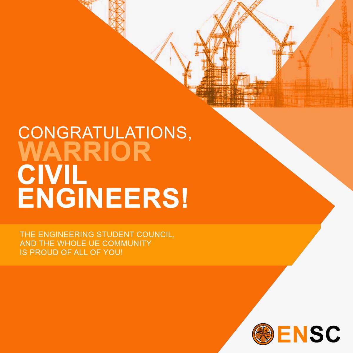 UEMLAENSC's tweet photo. The Engineering Student Council would like to send its utmost congratulations to all the passers of May 2019 Civil Engineering Board Examination.
All hardworks and efforts have paid off!
Again, congratulations sa mga bagong inhinyerong mandirigma! Padayon! 🧡#AllForEngineering https://t.co/8nFrWeJTuR