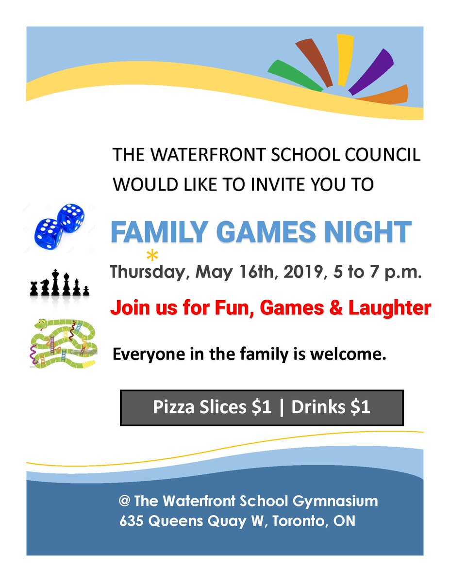 Family Games Night! <a href="/WaterfrontTDSB/">Waterfront School Parent Council</a> Families join us for an evening of Fun, Laughter and Games. Thursday, May 16th <a href="/5pm/">5pm.co.uk</a>. <a href="/TDSB_Waterfront/">The Waterfront School</a> @Steph4schools <a href="/janewee48/">Jane Phillips-Long</a>