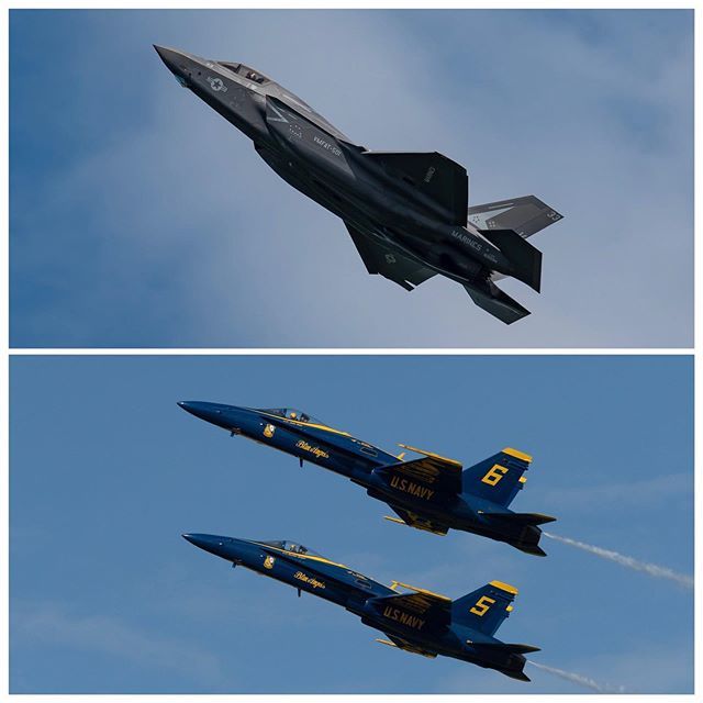 OwenAviation's tweet image. Check out this demonstration of the Section High-alpha pass by the F-35B versus the Blue Angels’ F/A-18s! The advanced helmet of the F-35 allows the pilot to see “through” the nose, keeping an eye on the horizon. #F35 #Blueangels #Highalpha #pullup
.
.
#… bit.ly/2JyPlei