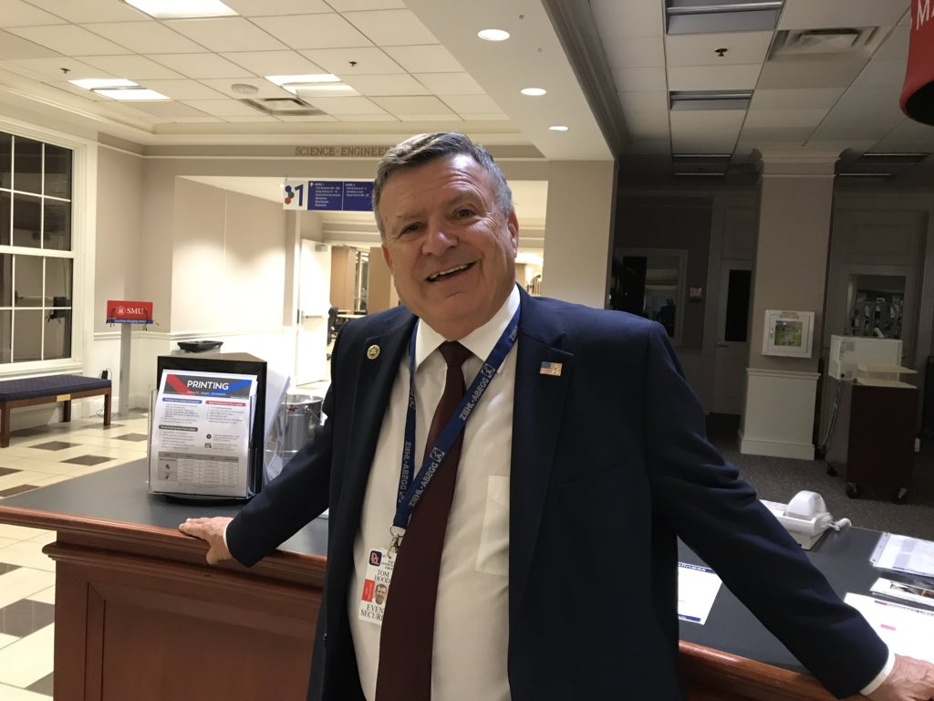 KruseAllaire's tweet photo. Meet Tom Hood! Many refer to him as Robin Hood. He works the 6 hours shift from 6pm to midnight every year during finals and midterms. He’s the friendly security guard that sits at the entrance of Fondren https://t.co/KbOlqKx3kh