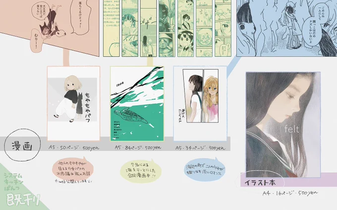 明日のcomitia128のお品書きです。新刊は夜汽車さんとの合同イラスト本です!どうぞよろしくお願いします??スペースら34a #COMITIA128 