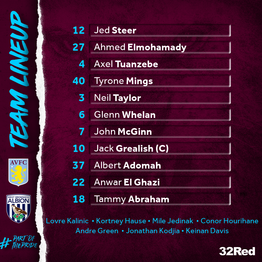 AstonVilla's tweet photo. The team. 👊

@Elmo_27, @OfficialTM_3, @jmcginn7, @JackGrealish1, @AElGhazi7 and @TammyAbraham return.

#AVFC https://t.co/m1imlwyVcG