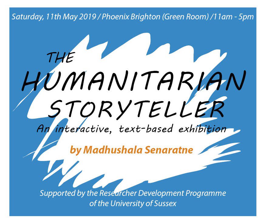 MadhushalaS's tweet photo. If you’re around in #Brighton, come check out my exhibition ‘The #Humanitarian Storyteller’ https://t.co/Cuu23G4kQb