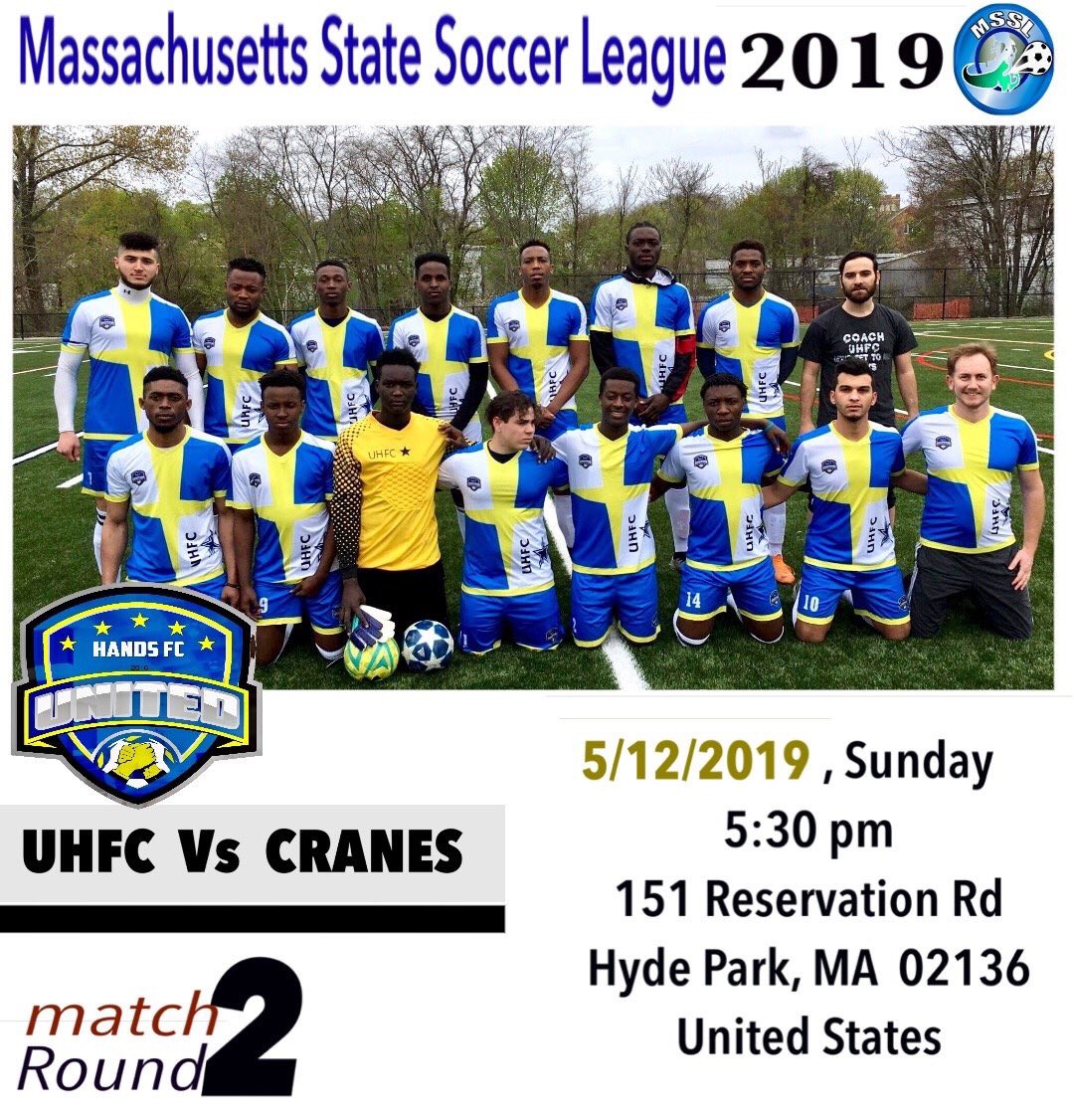 MSSL. 

Sudyay 5/12
                 Match Round 2
                                  UHFC  VS   CRANES

5:30pm 

151 Reservation Rd
Hyde Park, MA  02136
United States