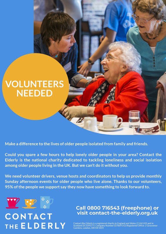 Contact The Elderly have small friendship groups across the West Midlands specifically for the very elderly

A simple concept where @contact_teas volunteers give up just a few hours one Sunday afternoon a month to drive or host the group

🖥 contact-the-elderly.org.uk
📞 0800 716543