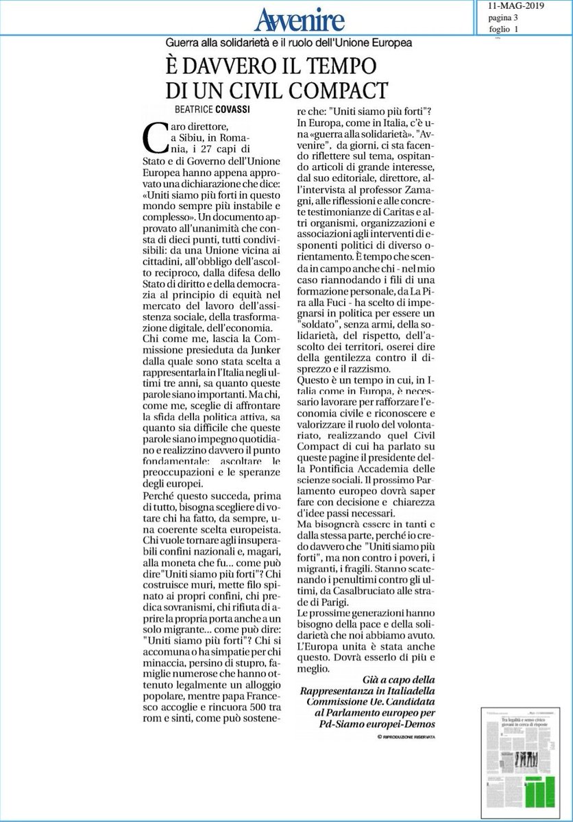 BeatriceCovassi's tweet photo. Su @Avvenire_Nei il mio articolo. La #dichiarazioneDiSibiu e le contraddizioni dei #sovranisti. #UnitiSiamoPiuForti. Un #CivilCompact europeo per difendere economia civile e #volontariato 🇪🇺
#IoParloEuropeo #Europee2019 #11maggio #SibiuSummit #FutureOfEurope https://t.co/wl7zzmF8ZL