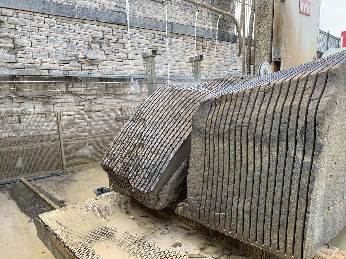 DimensionalSton's tweet photo. Night shift was busy last night cutting this block into 30mm slab for a cladding project we’re are cutting! Thanks to our @BretonSpa wire saw! #Yorkstone #QuarryBlock #BritishStone #Cladding #LocalStone https://t.co/oHmVTIKIMK