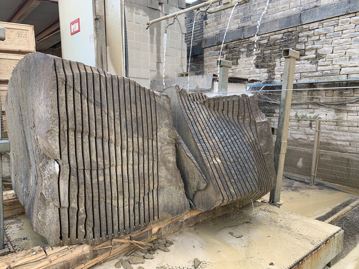 DimensionalSton's tweet photo. Night shift was busy last night cutting this block into 30mm slab for a cladding project we’re are cutting! Thanks to our @BretonSpa wire saw! #Yorkstone #QuarryBlock #BritishStone #Cladding #LocalStone https://t.co/oHmVTIKIMK