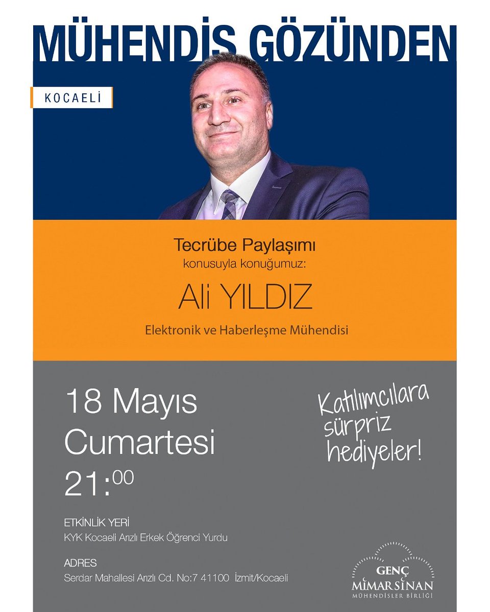 MÜHENDİS GÖZÜNDEN PROGRAMLARINA BİR YENİSİ DAHA..

Genç Mimar Sinan KOCAELİ temsilciliğimizin düzenlemiş olduğu söyleşiye tüm genç kardeşlerimiz davetlidir.

Konuşmacı : ALİ YILDIZ
Elektronik ve Haberleşme Mühendisi
Konu : Tecrübe Paylaşımı

@MSMBKocaeli
#gencmsmbkocaeli