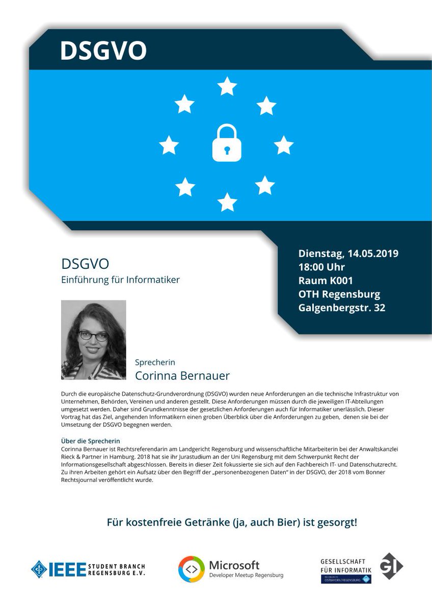 DeveloperMeetup's tweet image. Unser nächster Talk findet bereits am kommenden Dienstag um 18 Uhr an der OTH Regensburg statt. Wir freuen uns auf Corinna Bernauer zum Thema #DSGVO - und natürlich auf euch!