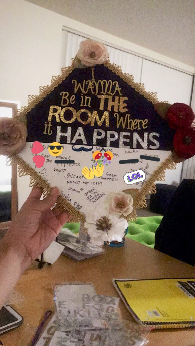 kaly95's tweet photo. This year’s graduation cap. A little @HamiltonMusical/@Lin_Manuel inspiration + messages from my kids. Also as a little bonus, a little charro inspiration design was included. #SFSU2019 #Graduation #TheRoomWhereItHappens #GoodbyeGradSchool #MA https://t.co/9LgEfisjod