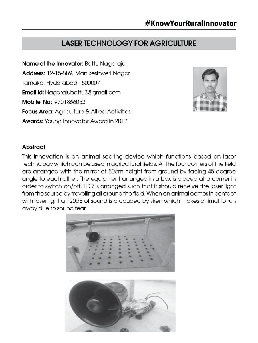 NIRDPR_India's tweet photo. #NationalTechnologyDay
#KnowYourRuralInnovator Learn more about Mr. Battu Nagaraju's #Laser #Technology for #agriculture
#RISC2018 #startups #rural #innovation #entrepreneur #idea #tech #startup #smallbusiness #Incubators #RuralIndia #newidea #costeffective #efficient https://t.co/8GuRWwfCxd