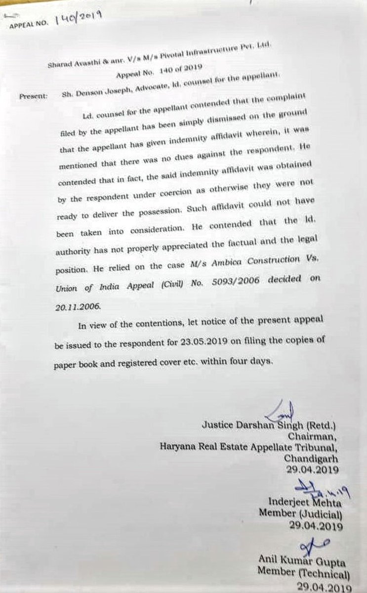 fbdactiongroup's tweet photo. Indemnity affidavit signed before possession in favour of d Builder is no longer a bar on d #homebuyer to stake one's lawful claim. Accepting this argument, #RERA Appellate Court has recently admitted an Appeal against #Pivotal #RoyalHeritage See Order- https://t.co/KHs2fec7wf