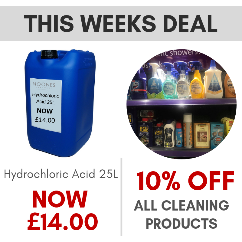 NoonesHardware's tweet photo. ‼️ Offer ends Wednesday ‼️
🔸Hydrochloric Acid NOW £14
🔸 10% off ALL cleaning products
#HardwareOffer #HydrochloricAcid #10off #CleaningProducts https://t.co/E71soahzaw