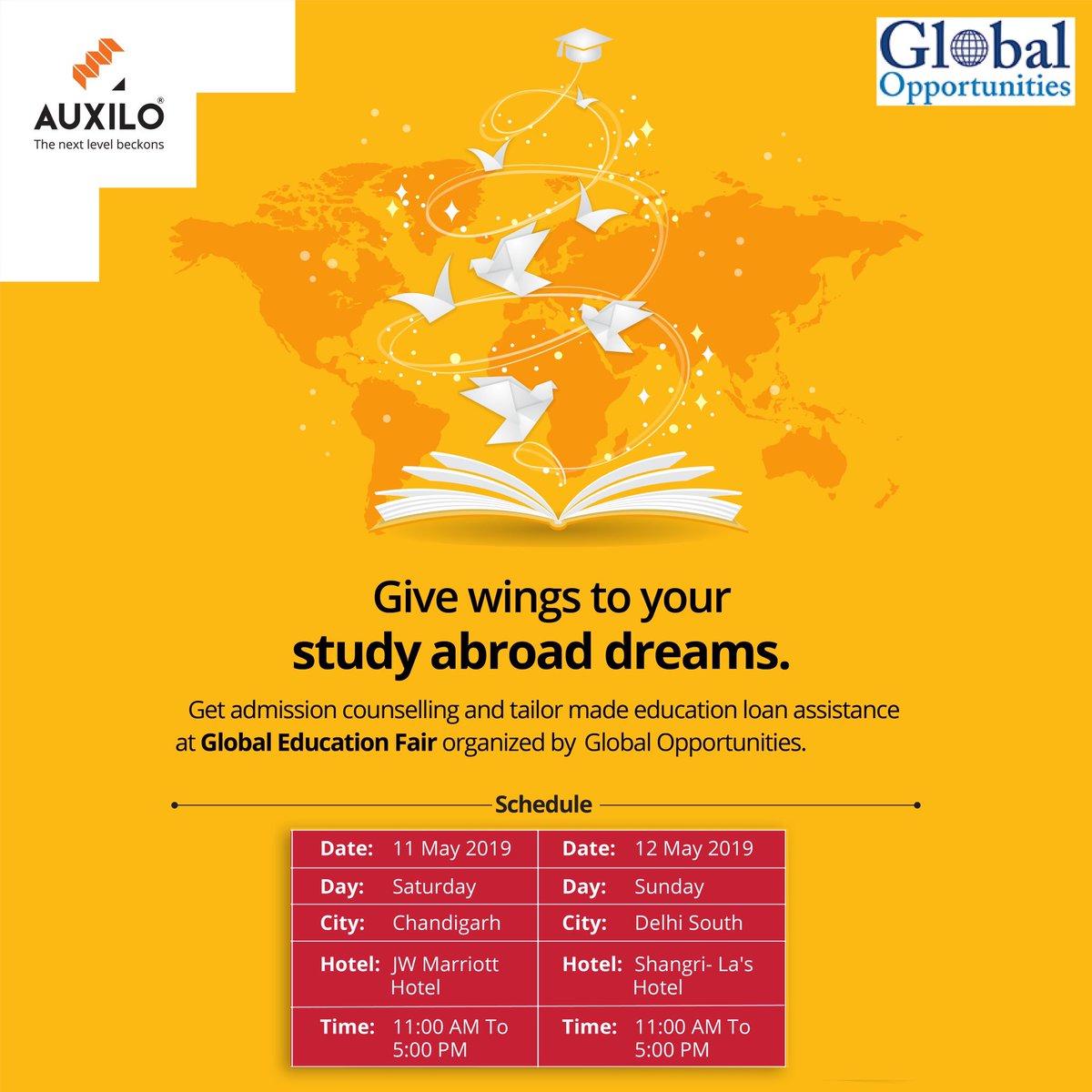 AuxiloFinserve's tweet image. Want to gain knowledge about the admission process and student finance? Then visit us at the #GlobalEducationFair organized by Global Opportunities and take the first step to achieve the next level! #StudyAbroadGuide #EducationFair #Delhi #StudyAbroad