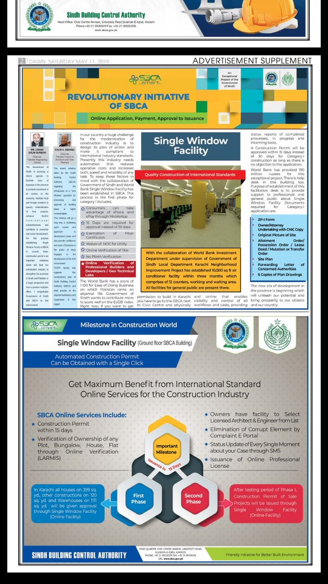 EODBSindh's tweet photo. Today we achieve a milestone with the launch of Sindh Building Control Authority's Single Window Facility for getting #ConstructionPermits online,revolutionizing the process. In this "Special Supplement" our key leadership share their views on the occasion. 
#EaseOfDoingBusiness https://t.co/v0Ml2tqWax