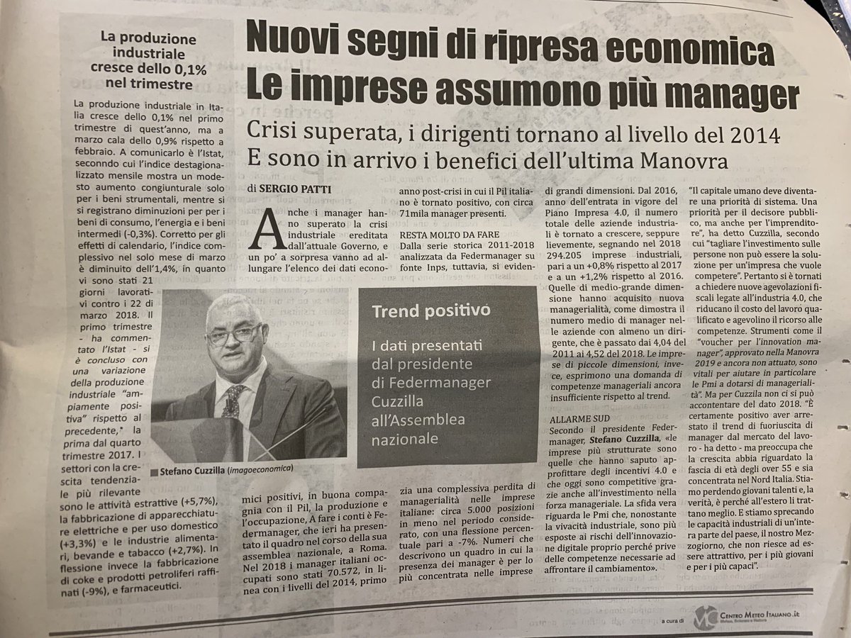 Federmanager's tweet photo. Sabato di #rassegnastampa. In edicola si parla di #federmanager #assemblea2019 #11maggio https://t.co/PBwShVXOX7