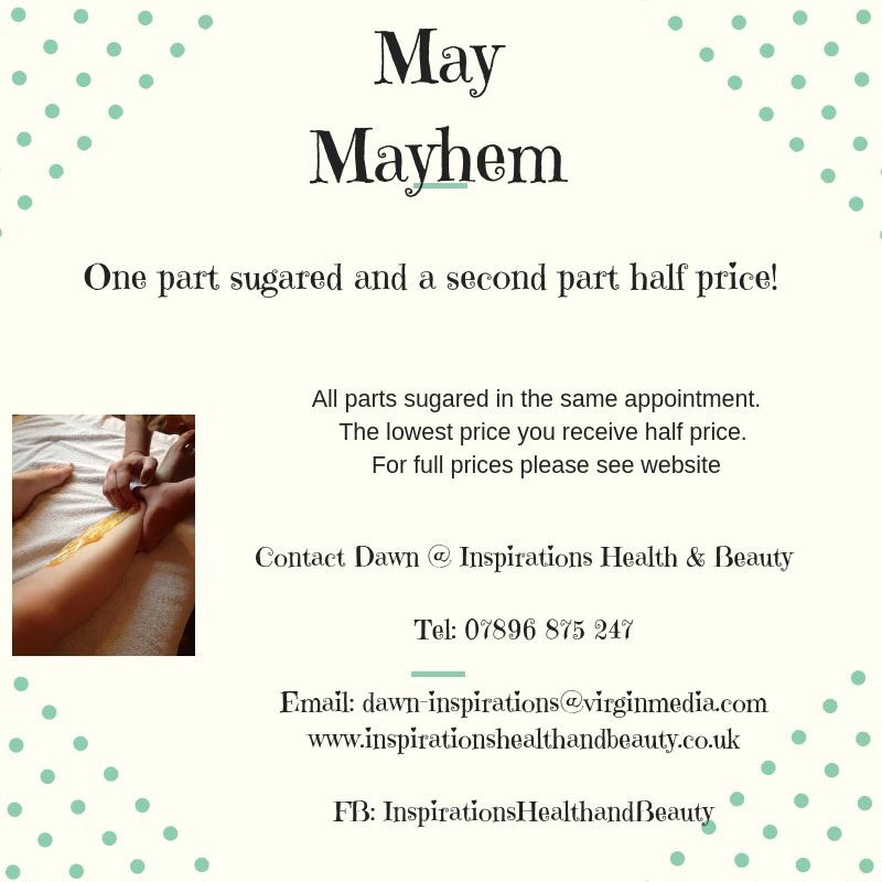 inspirations75's tweet photo. MAY MAYHEM 

Get one part of your body sugared &amp; get another part done half price! Sugaring is a natural hair removal system with a paste made from sugar, lemon &amp; water. Safe during pregnancy &amp; great for skin disorders #maymayhem #getsugared #stafford #sugaringhairremoval https://t.co/HZK8IGGg6A