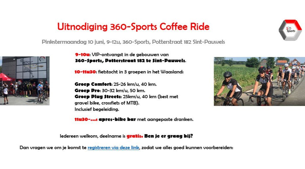 Zin in een ontspannende fietstocht op Pinkstermaandag 10 juni? 360-Sports nodigt je uit op de 2eCoffee Ride. Keuze uit 2 wegritten en 1 Plug streets rit. Deelneme is gratis, registreren kan via ow.ly/qGls50u3AOG