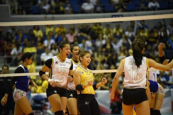 VSportsUST's tweet photo. BREAKING: The UST Golden Tigresses draw first blood in the #UAAPVolleyballFinals after sweeping the Ateneo de Manila University Lady Eagles, 25-17, 25-16, 25-20 https://t.co/ZQTkZOsDaH