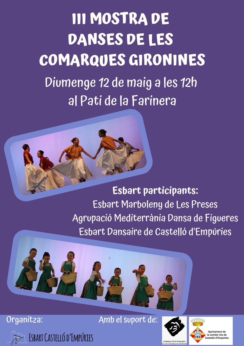 esbartcastello's tweet photo. Demà a les 12h us esperem a tots i totes al Pati de la Farinera de Castelló! #castellodempuries #mostradedanses #esbartejat https://t.co/OPmGJYLspm