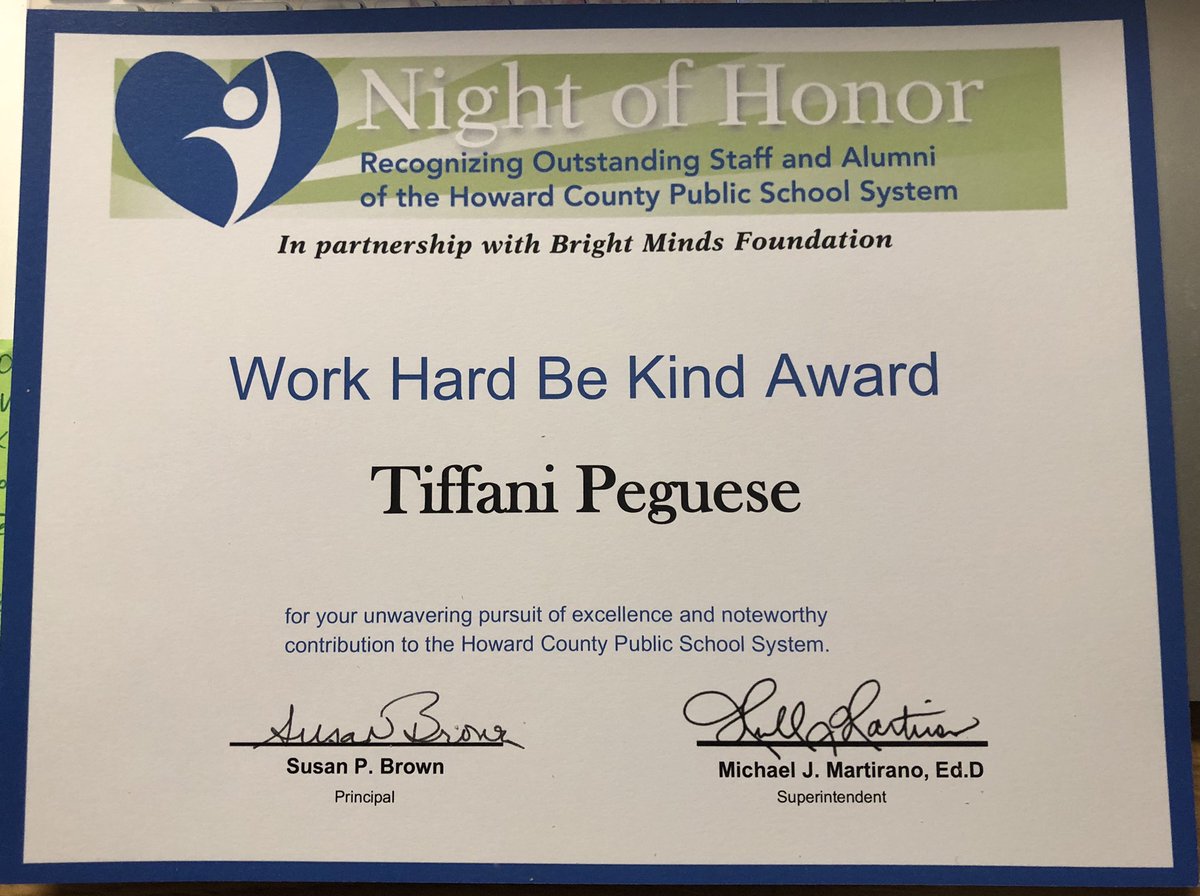 tkeopeg's tweet photo. What a wonderful surprise to discover that one my colleagues (hmmmm...@sarahmtechie? Iβm trying to figure it out π.) nominated me for the @BrightMindsMD @HCPSS βWork Hard Be Kind Award.β #humbled #appreciative #totallyunexpected #thankyou #forthecommunity #lwes https://t.co/yNJPDQsvR5