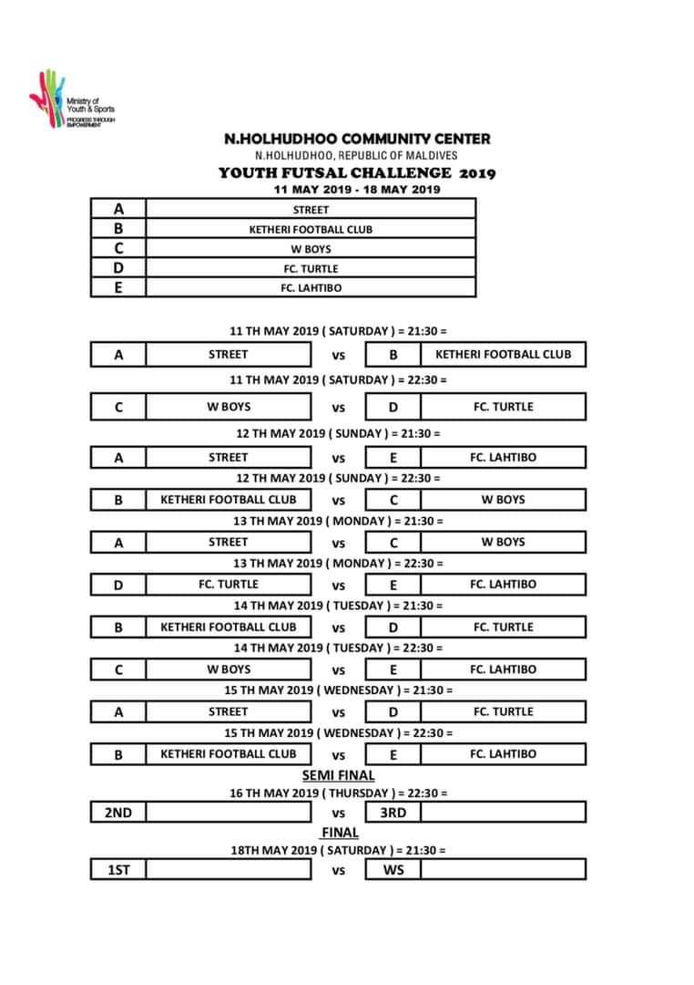 Fulhu2's tweet photo. Youth Futsal Challenge 2019 Match Schedule https://t.co/uE064VqspX