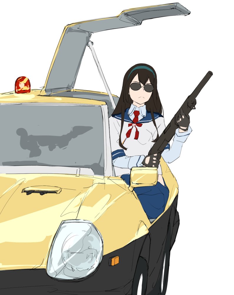ooyodo (kancolle) 1girl motor vehicle gun weapon long hair black hair ground vehicle  illustration images
