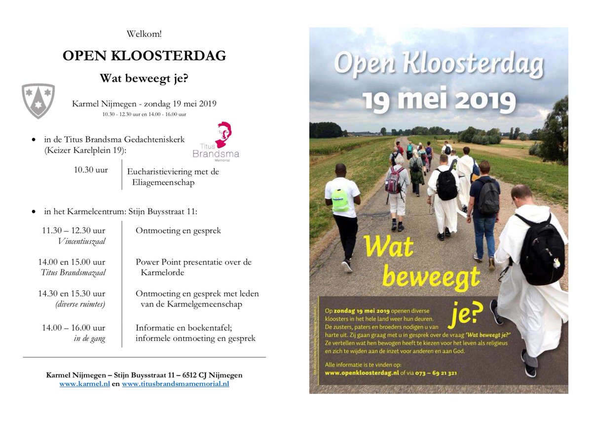 Karmelbeweging (@karmelbeweging) on Twitter photo Zondag 19 mei is er weer een landelijke “open kloosterdag”.
De Karmelieten van het klooster aan de Stijn Buysstraat en lekenkarmelieten van <a href="/Karmelbeweging/">Karmelbeweging</a> en Karmelgeassocieerden bieden gelegenheid voor kennismaking met Karmelorde en Karmelspiritualiteit.
openkloosterdag.nl Zondag 19 mei is er weer een landelijke “open kloosterdag”.
De Karmelieten van het klooster aan de Stijn Buysstraat en lekenkarmelieten van <a href="/Karmelbeweging/">Karmelbeweging</a> en Karmelgeassocieerden bieden gelegenheid voor kennismaking met Karmelorde en Karmelspiritualiteit.
openkloosterdag.nl