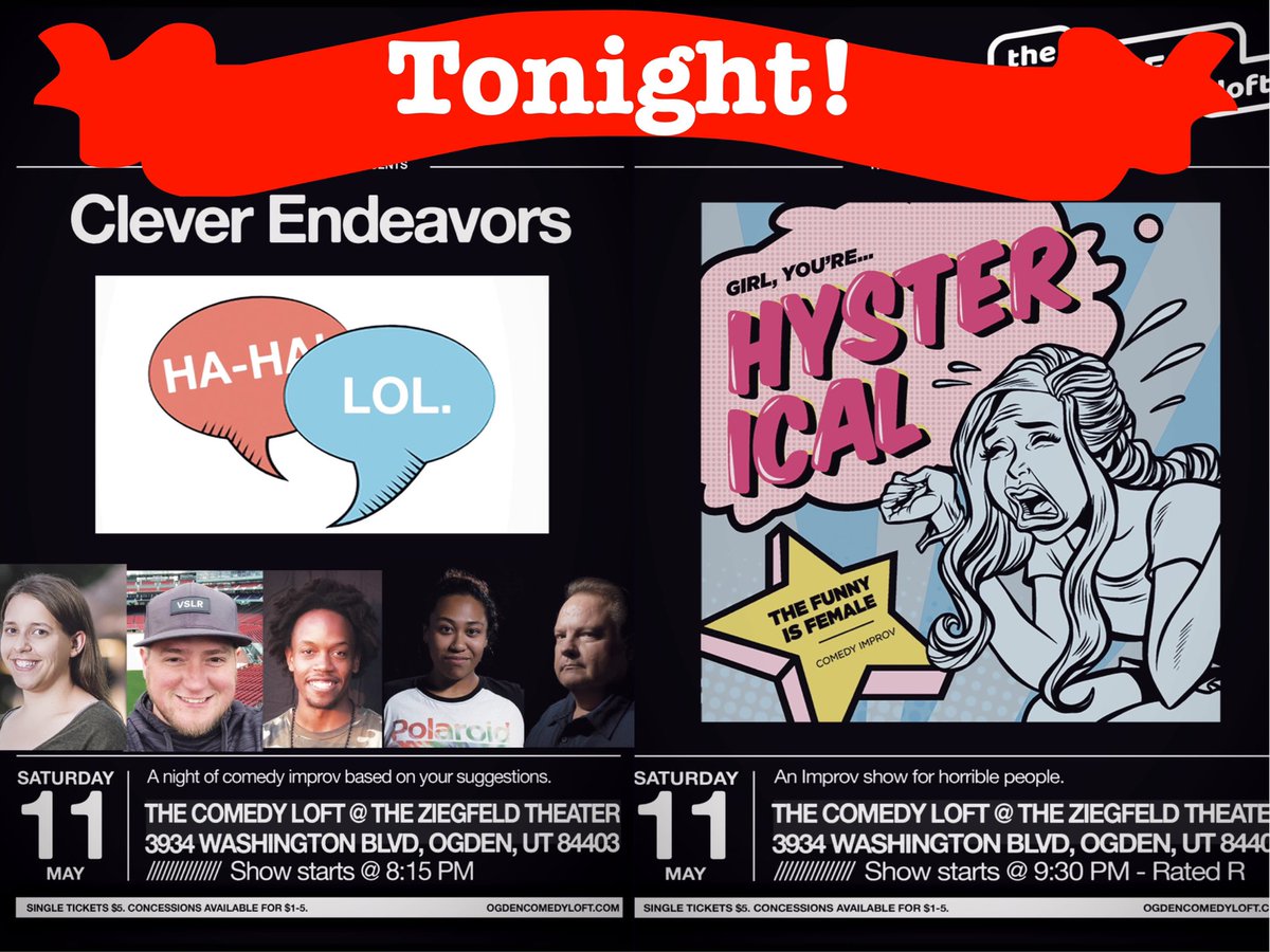 Get your laugh on tonight! #cleaverendeavors at 8:15 pm and #hysterical at 9:30pm $5!
#OgdenComedyLoft  #ogdenimprov #improvcomedy #ogden #myogden #visitogden #indieogden #ogdenisawesome #ogdenarts #ogdencomedy #utahimprov #improv