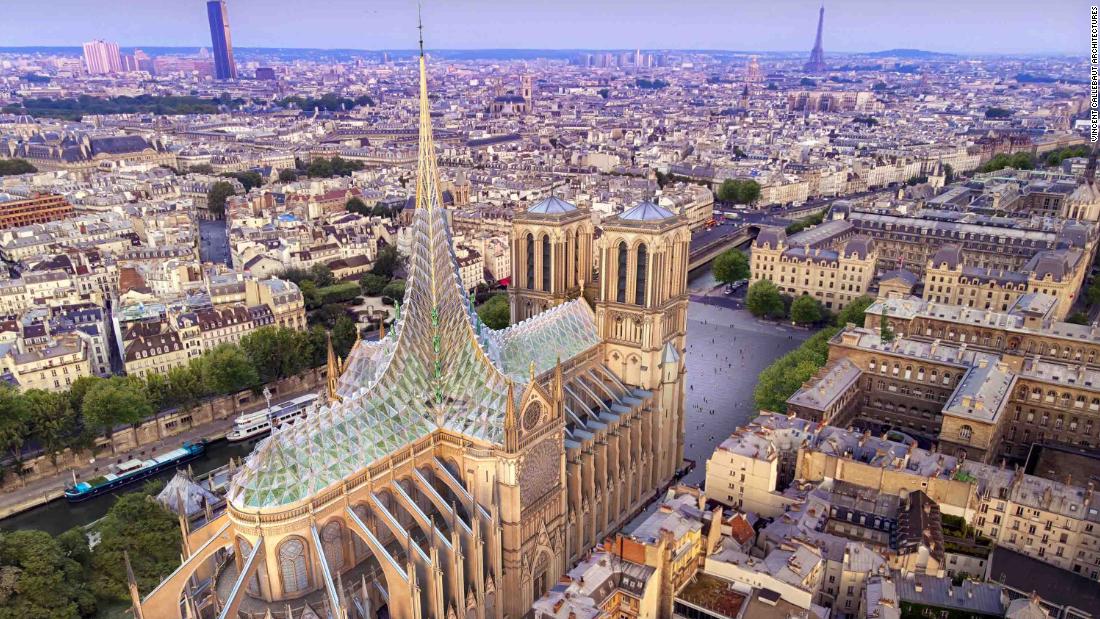 CNN's tweet image. The rebuilt Notre Dame could feature a futuristic glass design, solar power, and an urban farm that supports vulnerable and homeless Parisians, if one architecture firm's vision is realized cnn.it/2VAJXP3
