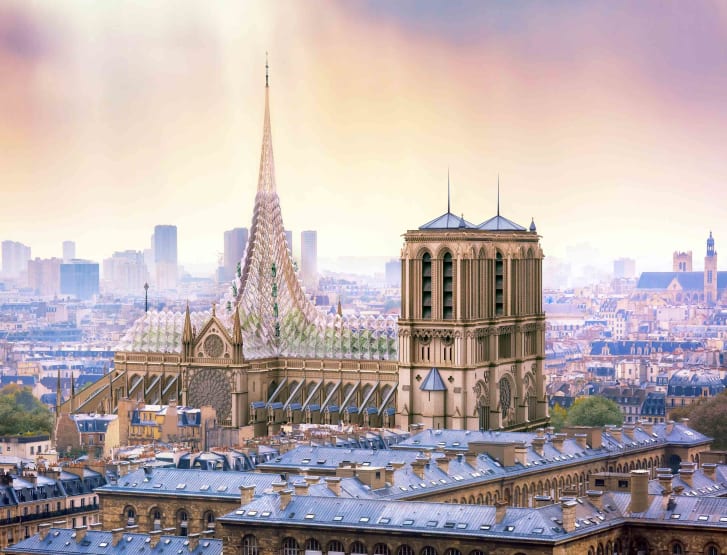 CNN's tweet image. The rebuilt Notre Dame could feature a futuristic glass design, solar power, and an urban farm that supports vulnerable and homeless Parisians, if one architecture firm's vision is realized cnn.it/2VAJXP3